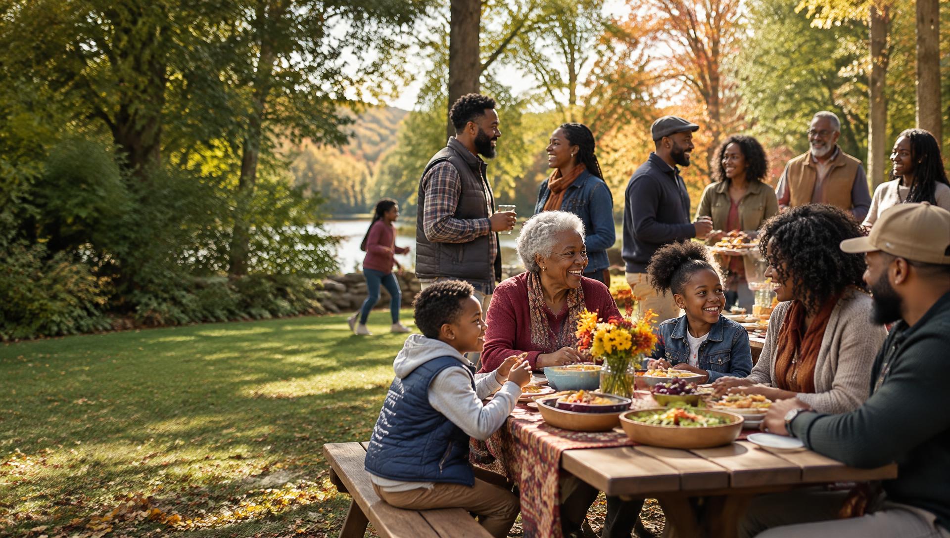 Illustrative scene of a multigenerational Black community sharing a picnic in a leafy park